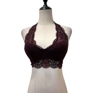 Aerie Lace Halter Bralette Burgundy Sz S Padded Lingerie Top Whimsy Fairy Goth
